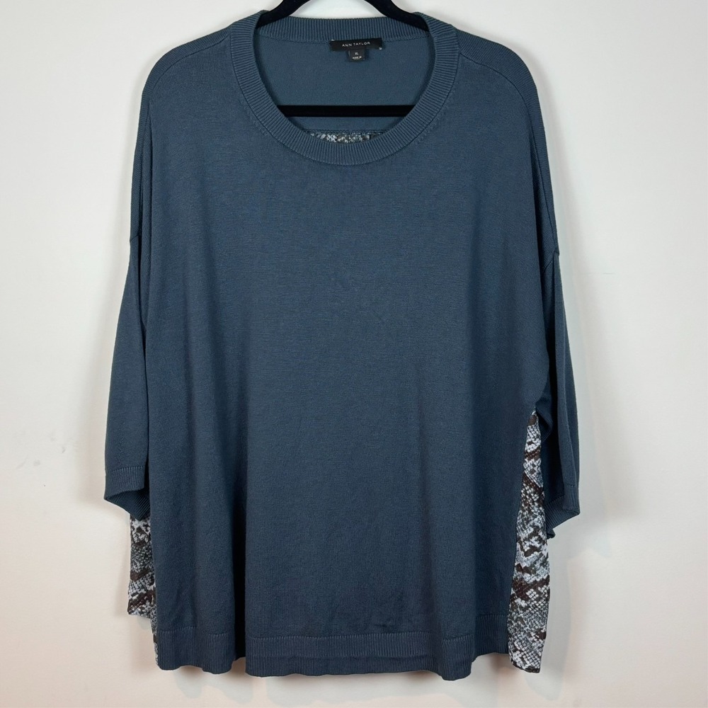 Ann Taylor‎ Womens Multimedia Blue 3/4 Sleeve Sweater Floral Back SZ XL Workwear